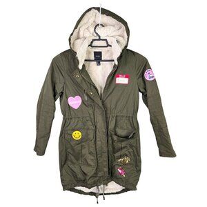 Womens Forever 21 Olive Green Hooded Parka Coat W/ Embroidered Patches Size S